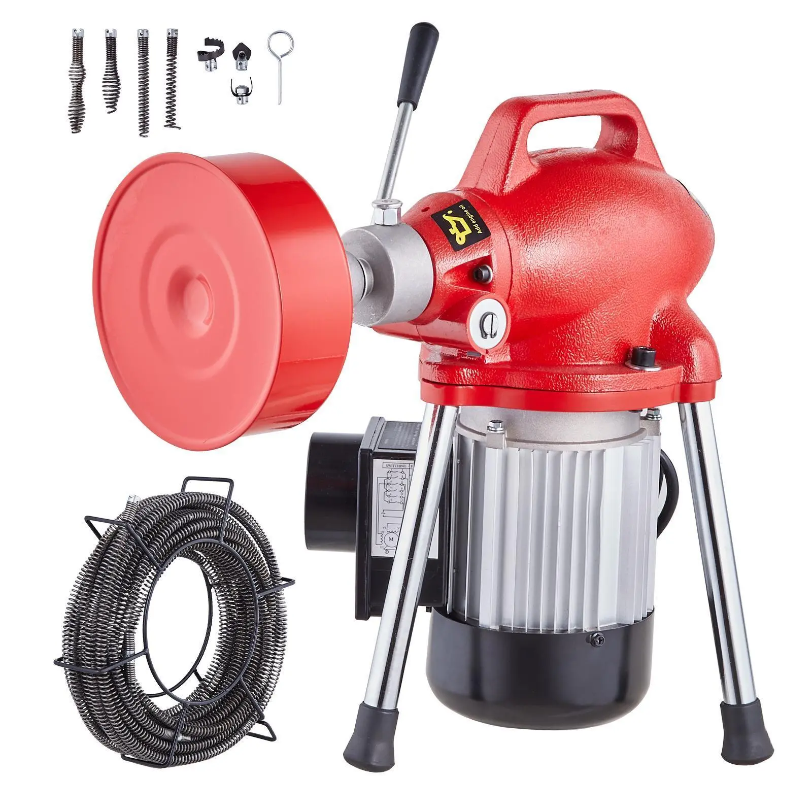 【Fallpicks】VEVOR Commercial & Residential Drain Cleaning Machine - 250W Power Electric Manual Feed Sewer Snake Auger, 15 ft x 3/8" Durable Steel Cables + Cutters Set, 7 Quick-Change Cutters, CW/CCW Control for 1.6"-4" Pipes