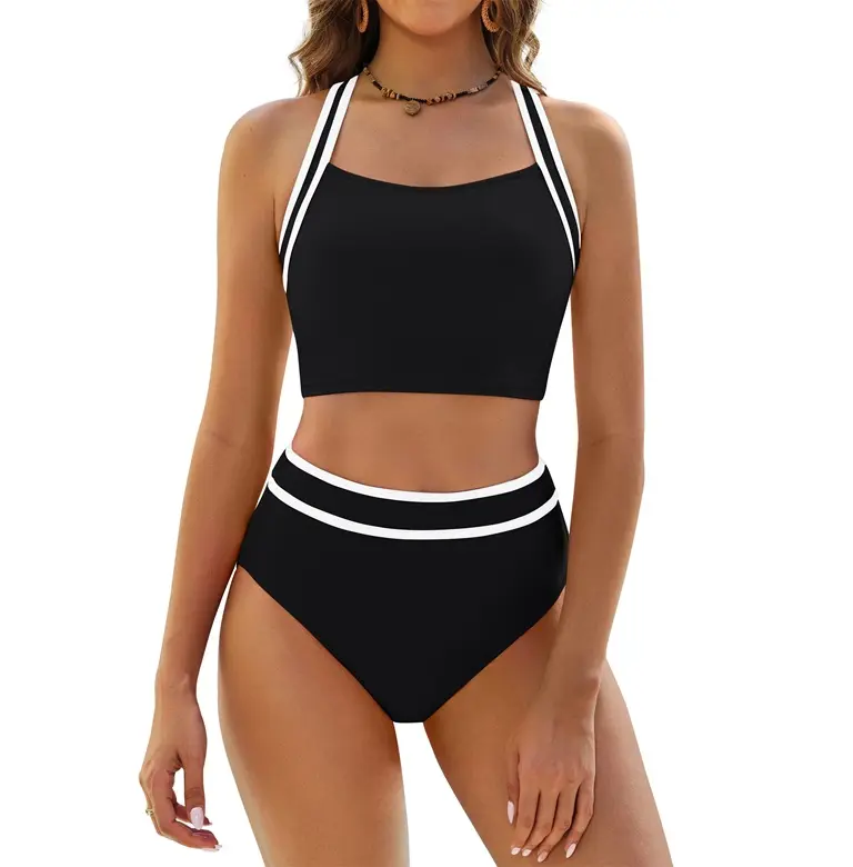 BMJL Women's High-Waisted 2-Piece High Stretch Colorblock Print Sporty Bikini Set, Nylon Beachwear Swimsuit, Women's Bathing Suit for SwimWeek Summervibes, High Stretch Bikini, Colorblock Print Bikini