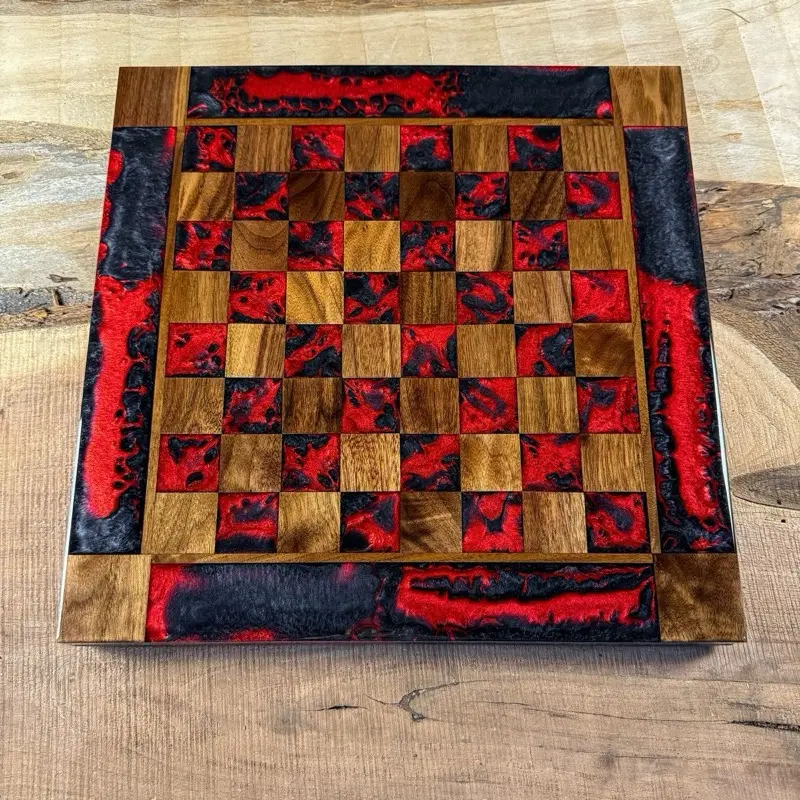 Black Onyx Red Lava Walnut Chess Board (PIECES INCLUDED)