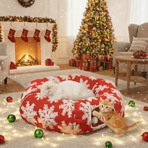 SmartWell Cat Tunnel Bed 2 In 1 Large Detachable Christmas Snowflake Plush Pet Tube With Washable Cushion Warm Cave For Indoor Cats Kittens Interactive Hanging Ball Toy Holiday Gift Winter House Decoration cat tunnel christmas tree skirt winter calming ti