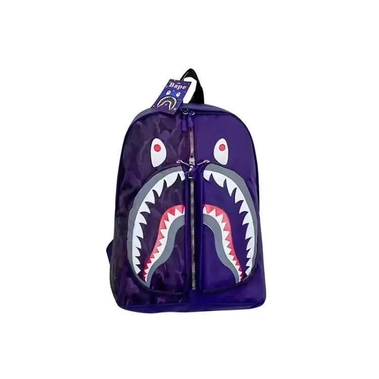 Sprayground Purple Camo Shark Mouth Print Backpack - Hype Streetwear Large-Capacity Oxford Fabric Laptop Bag for Teen Boys, Durable Fashion School Travel Daily Casual Use