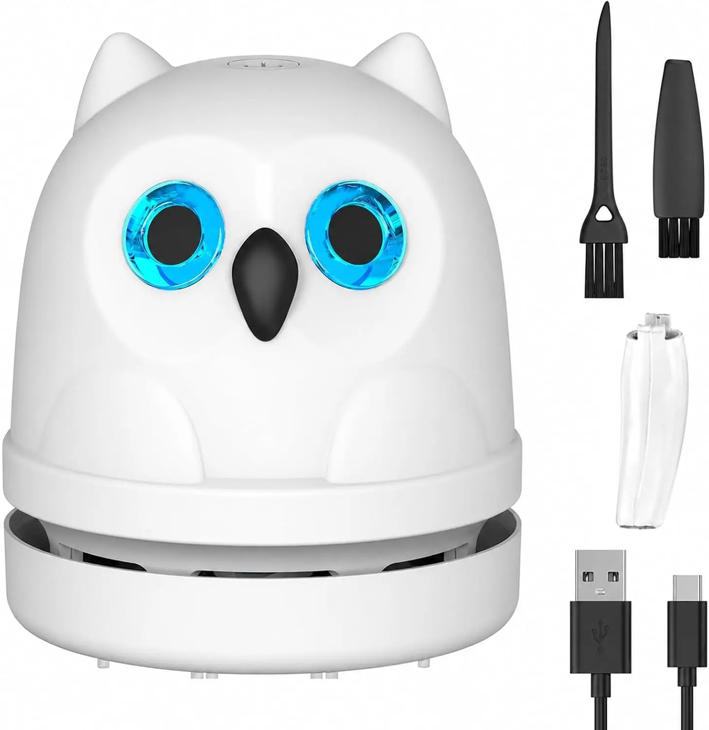 Compact Owl-Shaped Single Plastic Mini Desktop Cordless Vacuum Cleaner, USB-C Rechargeable Low-Noise Tabletop Vac for Cleaning Crumbs, Hair, Paper Scraps on Computer Keyboards, Car (Ideal Gift Set), Cute