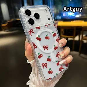 Magnetic Phone Case for iPhone 17 15 Plus 16 Pro Max Air E 14 13 12 11 X XS XR Red Bow Cherry Pattern TPU Shockproof Anti-Scratch Stylish Smartphone Cover