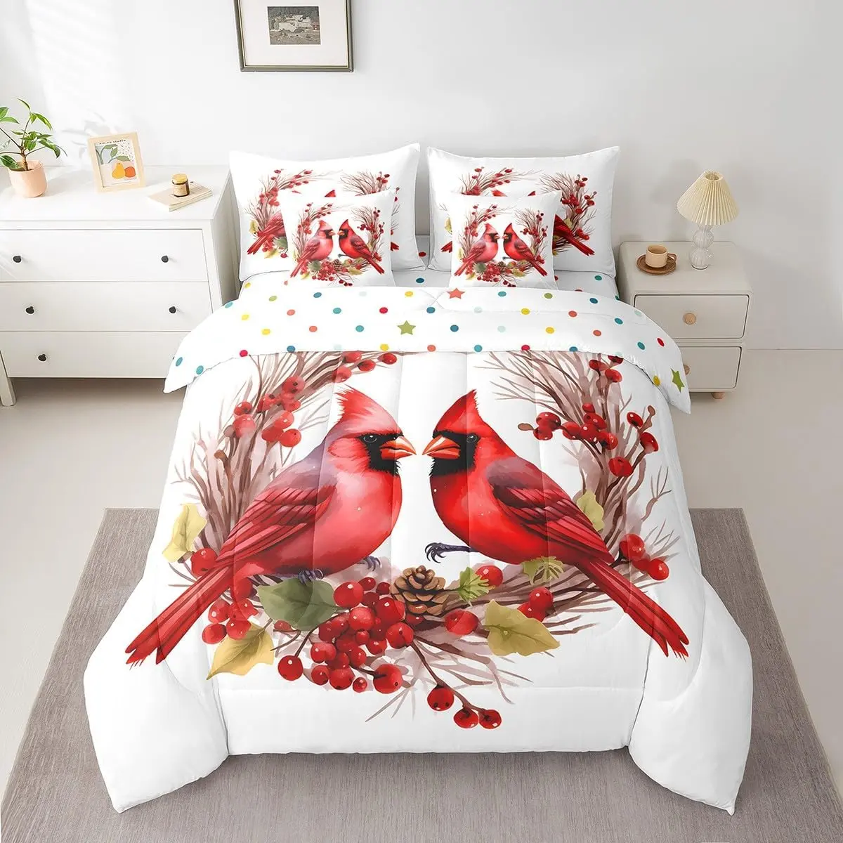 Feelyou 7-Piece Red Cardinals Bedding Set - Pine Cones Comforter with Cute Birds Floral Print Quilt, Breathable Soft Bed Blanket for Teens, Breathable Soft Blanket, Bed Blanket Set