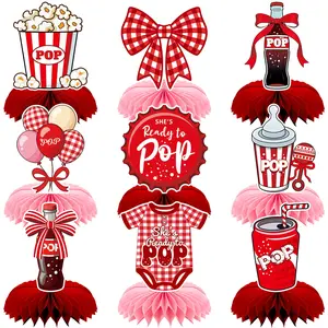 9Pcs Red and Pink Baby ShowerHoneycomb Centerpieces, 3D Paper Gender Reveal Honeycomb Hanging Decorations, Popcorn Theme Party Ornaments for Mom to Be, Baby Shower Table Centerpieces Set, Celebration Party Favors