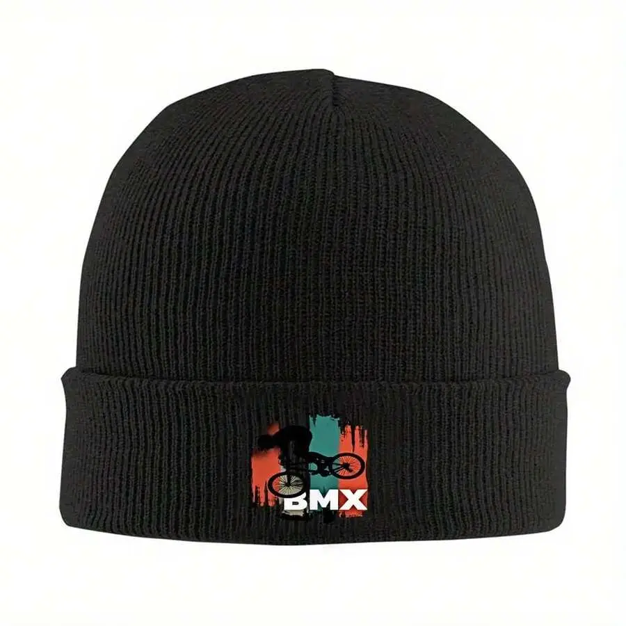 S&T Racing Graphic Knit Beanie - Stretchy Winter Skull Cap With BMX Bike Stunt Design, Cold Weather Hat For BMX Riders, Halloween, Christmas Gifts - One-Size-Fits-All (BMX Fans & Sports Enthusiasts), Casual Headgear, Sporty Look, Flexible Headwear