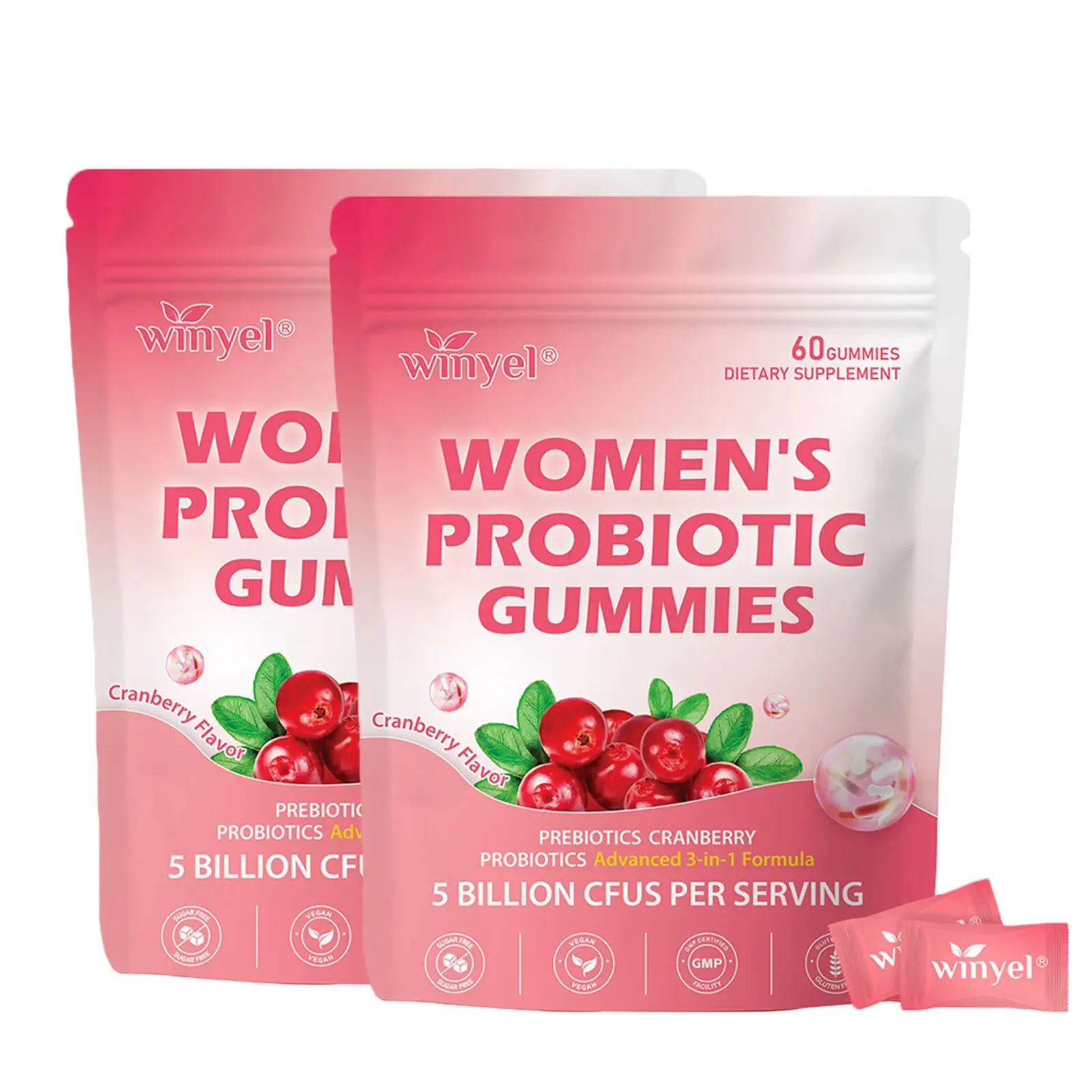 WINYEL Feminine Probiotic Gummies - Plant Based Vegan Supplement, Gummy Chew for Women's Health, Support pH & Body Odor (60 Gummies per Pack), One Bottle