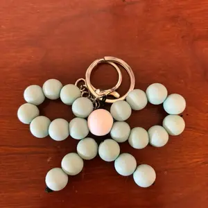 Light Blue Bow Keychain with Beads, Includes Clasp, Featuring White and Light Blue Beads, Unique Design