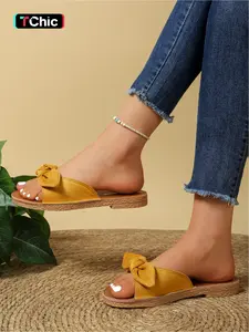 Women's New Plus Size Bowknot Decorated Slip-On Sandals, Comfortable for Outdoor Wear, Beach Vacation, Daily Casual Fashion Slippers Footwear