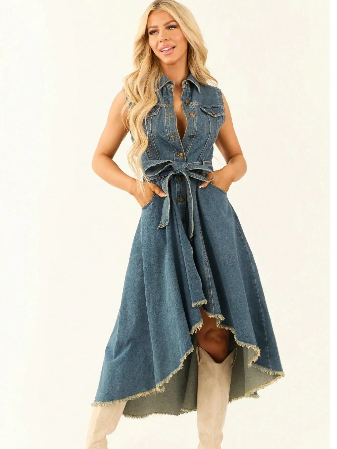 Sleeveless Denim Dress with Adjustable Waist