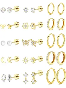 15Pairs Gold Plated Flat Back Earrings Ear Studs - Hypoallergenic Stainless Steel Stud Hoop Earrings for Women Girls Cute Stud Earring Set Small Huggie Hoops Cartilage Earring Stacks