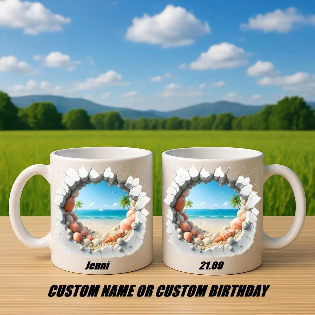 Personalized Seashell Beach Mug with Custom Name or Date, 3D Coastal Ocean Cracked Wall Design Ceramic Coffee Cup, Unique Custom Drinkware for Home and Everyday Use | Gifts for Kids | Home Decor | Hot Chocolate | Drinks | Novelty Gifts | Office Mugs |