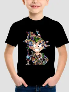 Boys Fashion 2D Embossed Dragon Ball Goku Creative Puzzle Print T-Shirt, Summer Anime Casual Short Sleeve, Comfortable Fit for Daily Wear, Graphic Anime Tee