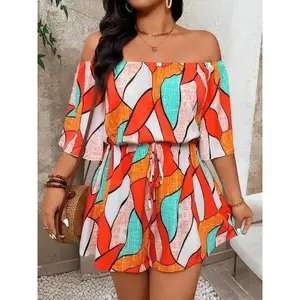 【Plus Size】 All Over Print Off The Shoulder Romper, Casual Romper for Daily Wear, Women's Plus Clothing for SummerGift