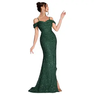 2025Golden Sequin Women's Shoulder-Baring Long Dress with Thin Straps, Sexy High-Split Thigh Party Dress for Elegant Formal Weddings