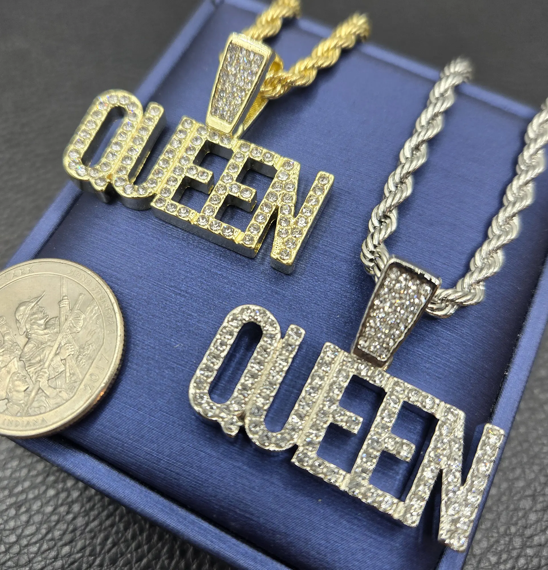 MaxBling81 Unisex High-Quality Iced Out Queen Letter Pendant Necklace with Sparkling Zircon Inlay, 4mm Iced Out Rope Chain (18-in, 20-in, 24-in) Dad Daily Fashion Jewelry Gift, Iced Out Chain