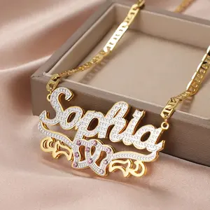 Dascusto Personalized Nameplate Name Necklace Custom 3D 18K Gold Plated Double Diamond Choker Pendant Two-Tone Chain For Women Sophia Design