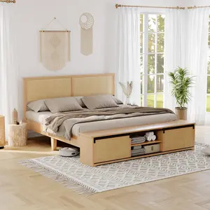 Boho Farmhouse Natural Rattan Queen Size Wood Platform Bed Frame w/ Sliding Barn Door Storage Cabinets/ LED Light Headboard
