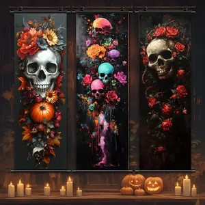 Halloween Themed Vintage Wall Art, 3 Counts/set Skull & Flower Pattern Hanging Banner, Scary Skull Poster, Halloween Decorations, Horror Poster, Party Posters, Wall Art Painting