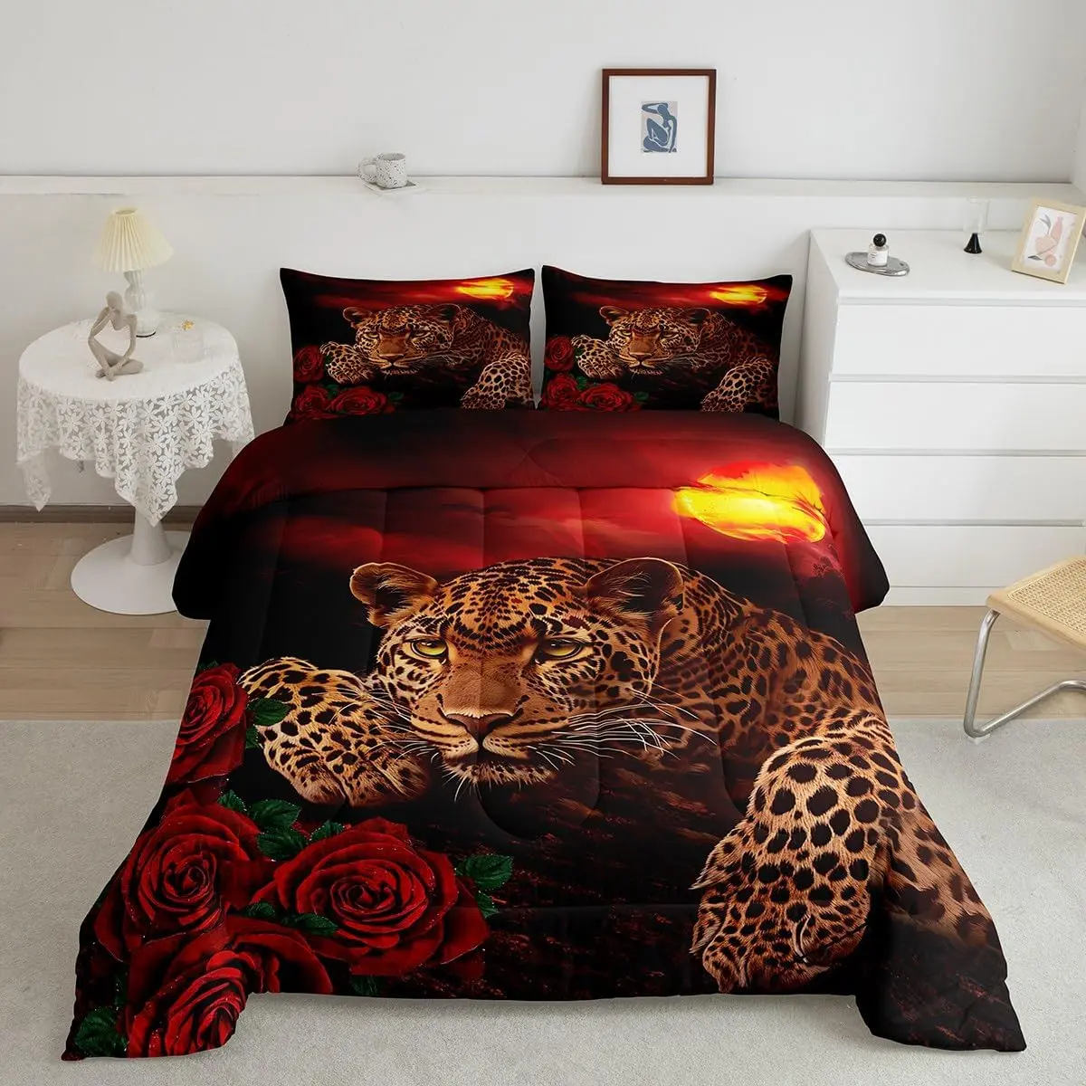 Luxury Breathable Duvet Set - Leopard & Red Rose Floral Prints, Soft Designer Bedroom Linens, Decorative Bedsheet Sets for Toddler, Animals & Western Decor Bedrooms