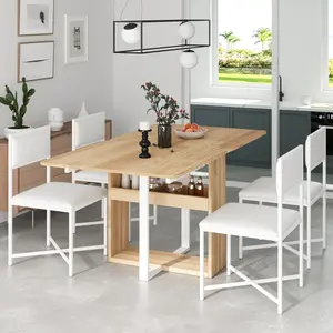 5-Piece Extendable Dining Table Set, Modern Compact Foldable Square Kitchen Table Set with Storage Rack and 4 PU Leather Upholstered Dining Chairs for Small Places