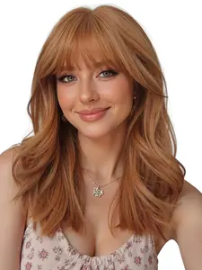 18 Inch Medium Length Wave Wig with Bangs, Fashionable Synthetic Fiber Hair, Natural Look, Easy Care, Suitable for All Ages, Synthetic Wavy Wig, Synthetic Machine Wigs, Synthetic Fiber Wigs