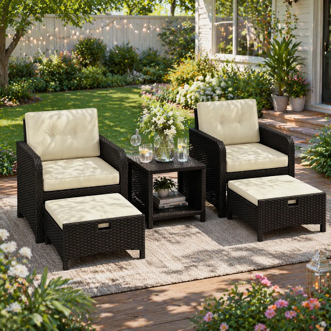 【2 Boxes Delivery】Yaheetech Balcony Furniture Outdoor 5 Piece Patio Conversation Set, PE Wicker Rattan Sofa Lounge Chairs, Side Table & Ottomans with Cushions & Pillows for Backyard, Porch, Garden, Black/Beige