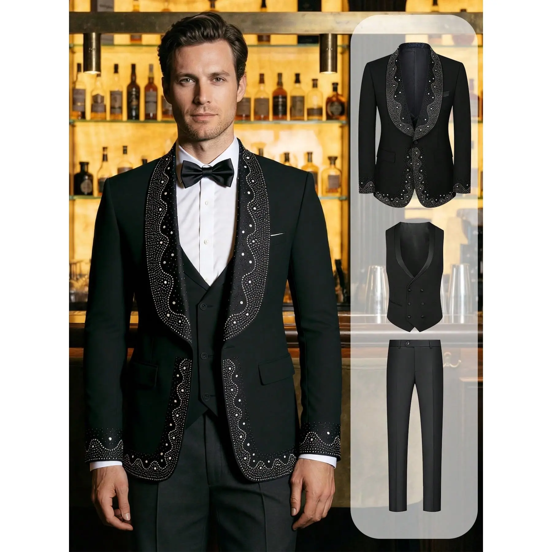 Men’s 3-Piece Rhinestone Suit – Slim Fit Blazer, Vest and Pants, Shawl Collar Formal Outfit for Dinner, Red Carpet & Party