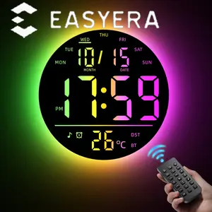 <Valentine's Day Gifts> EASYERA 10" Large Circle Digital Wall Clock with Remote Control, Music-Sync, Round clock with RGB Atmosphere Lights with 11 Scenes Mode, Dual Alarms, Timer Clock for ADHD, Focus Tool, Classroom, Game Decor Goods Auto Dst Adjustment