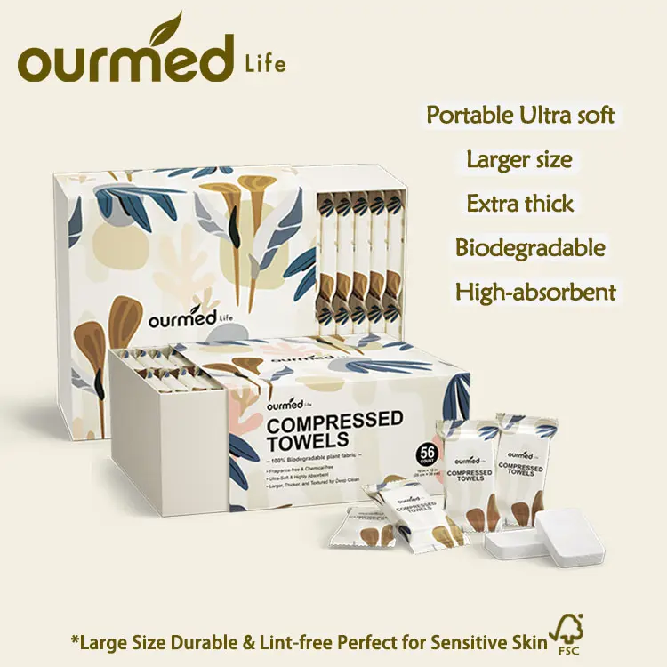 Ourmed Life Thick Rayon Compressed Towel Tablets - Individually Wrapped Portable Disposable Unisex Towels, Anti-Bacterial, Quick-Expanding with Water, Soft Lint-Free, 12x10in for Adventure & Travel (56/112/100 Count)