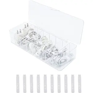 Cable Organizer Storage Box Plastic Cable Cord Management Box Power Cord Organizer Case with 10 Pcs Rubber Ties For Office For Home For Desk Accessories Storage Stationery Supplies