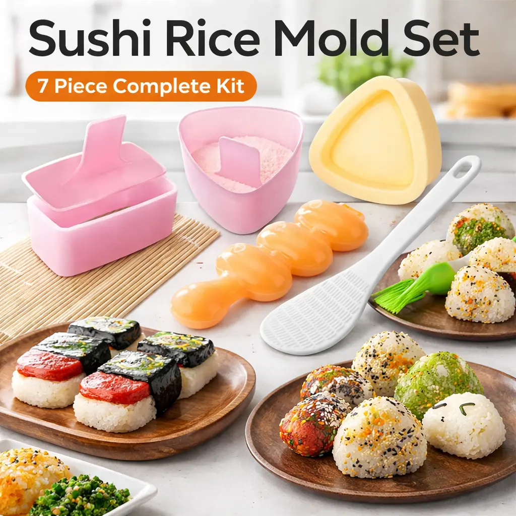 7/9pcs Bamboo Dot Kitchen Onigiri Rice Ball Mold Maker Kit - BPA-Free Musubi Press, Classic Triangle-Shaped Shaper, Sushi Roller Mat, Rice Paddle & Brush for Kids Bento & Home DIY, Utensils