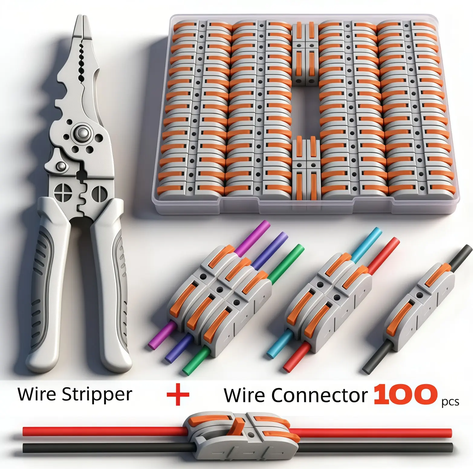 Quick Wire Connection Assortment Kit with Wire Stripper & （50-100）pcs Lever Connectors for 28-12 AWG Wires Safe Reliable for Home Office Factory, Durable Reliable Connectors, Quick Snap Connector.connector kit.butt splice. heat shrink wire connector