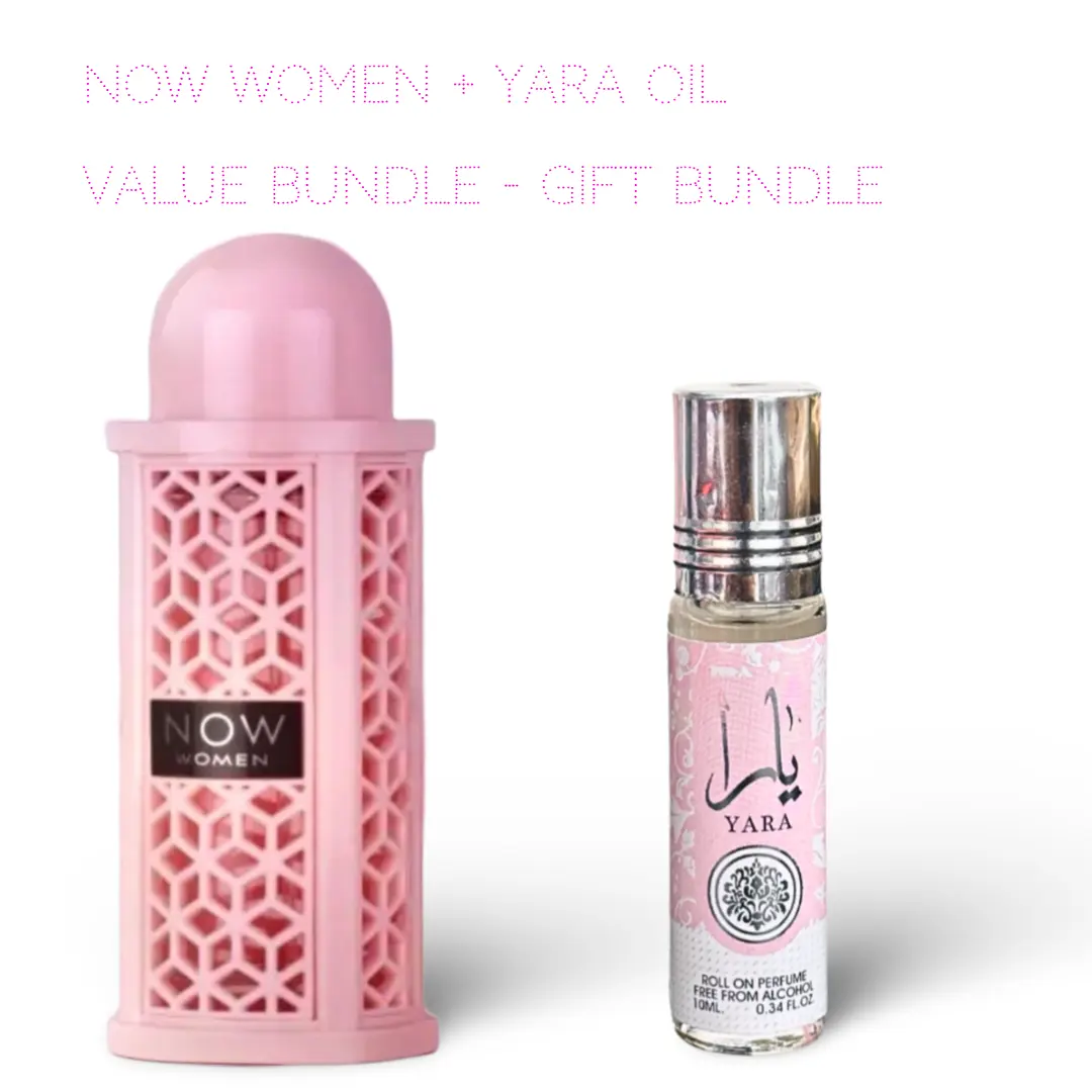 Lattafa Perfumes Now Women 100ml (3.4 Fl oz) + Yara 10ml (0.34 Fl.oz) Roll On Perfume Oil - Long Lasting Perfume - Value Bundle  Fragrance Gift Bundle, Amber, Vanilla