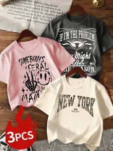 3-Pack Summer Tees for Girls, Sarcastic Quote Prints, Oversized Fit, Soft Breathable Cotton, Y2K Streetwear Style, Casual Loose-Fit