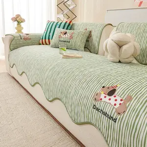 Summer Cool Ice Silk Cartoon Embroidered Sofa Cushion, Single Non-Slip Sofa Cover, Sofa Slipcover, Premium Fabric, Durable Protection, Fits Single to Four Seater Sofas