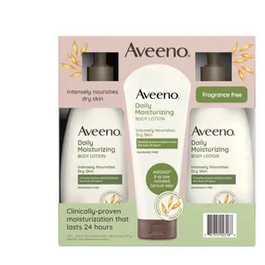 Aveeno Daily Moisturizing Body Lotion Set Fragrance Free Includes: (2) 18 fl. oz. bottles and (1) 8 oz. traveling tube Long Lasting Moisturizer Moisture Skin Care Hydrating