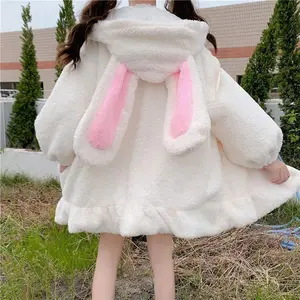 Japanese Style Autumn Winter Women Warm Jacket Kawaii Soft Lambswool Ruffles Rabbit Ears Hooded Coats Girls Sweet Parkas Outwear