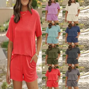 Summer Fashion Ribbed Casual Set New Striped Short Sleeve Top and Shorts Two-Piece Set