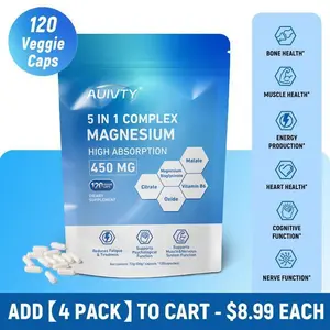 【Only $8.99/Count!!!】5 in 1 Complex Magnesium Glycinate Formulated  High Strength Capsules -450mg per serving -Supports Muscle Function, Tiredness, Sleep, Energy, Bones& Nervous System -Vitamin B6-Health care supplement -Optimum Dietary, 120caps