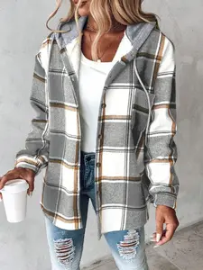 Women's Casual Fitted Plaid Fleece Hooded Long Sleeve Jacket, Loungewear, Open Front Design, Warm and Comfortable, Suitable for Home or Outdoor Wear, Fall & Winter