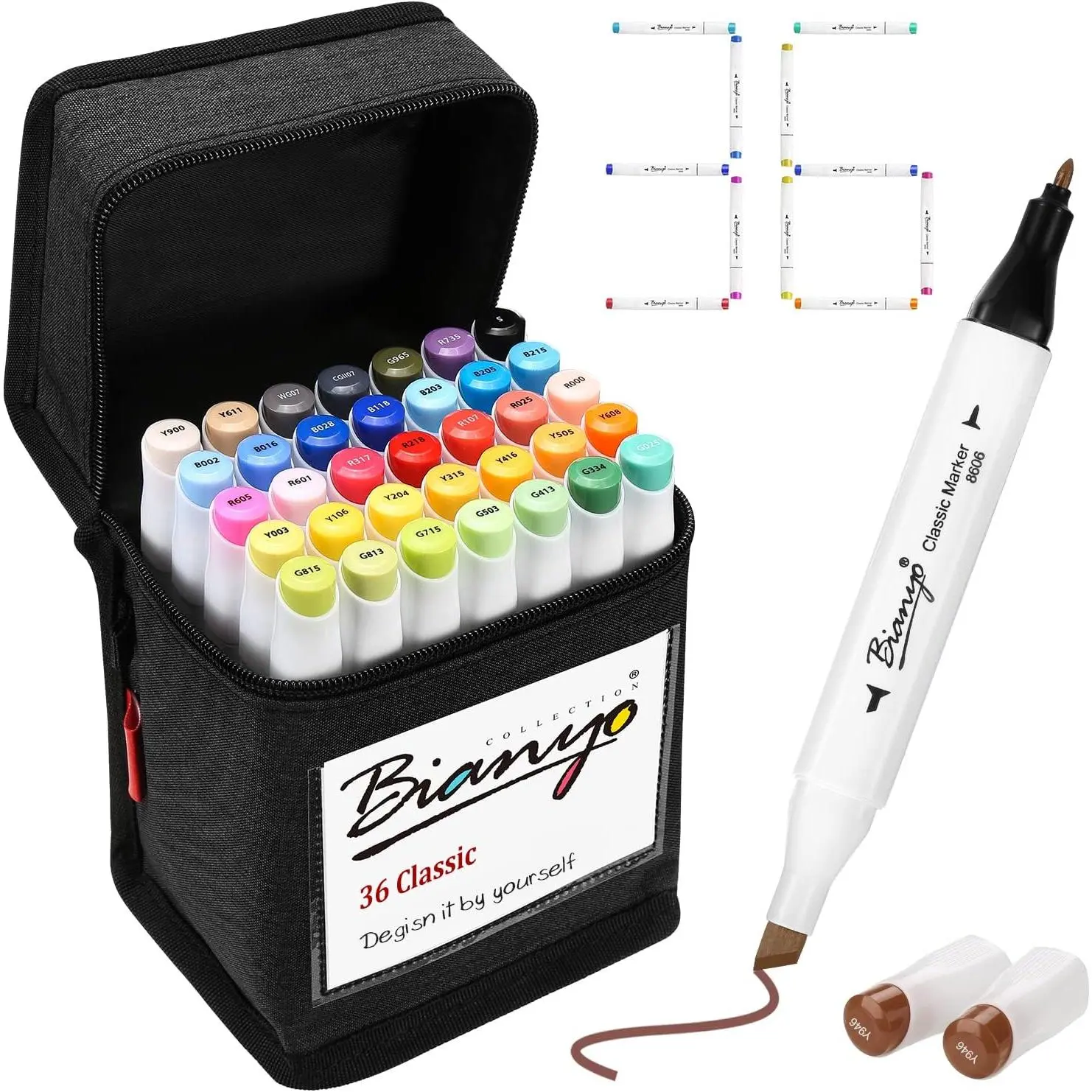 Bianyo 36 Dual-Nibs Alcohol Color Marker Set - Bulk Markers, Durable Office Stationery, Smooth & Fluent Strokes, Easy Blending, No Streaks, Chisel Tips, Highlighters, Zipper Case, Cute School Supplies