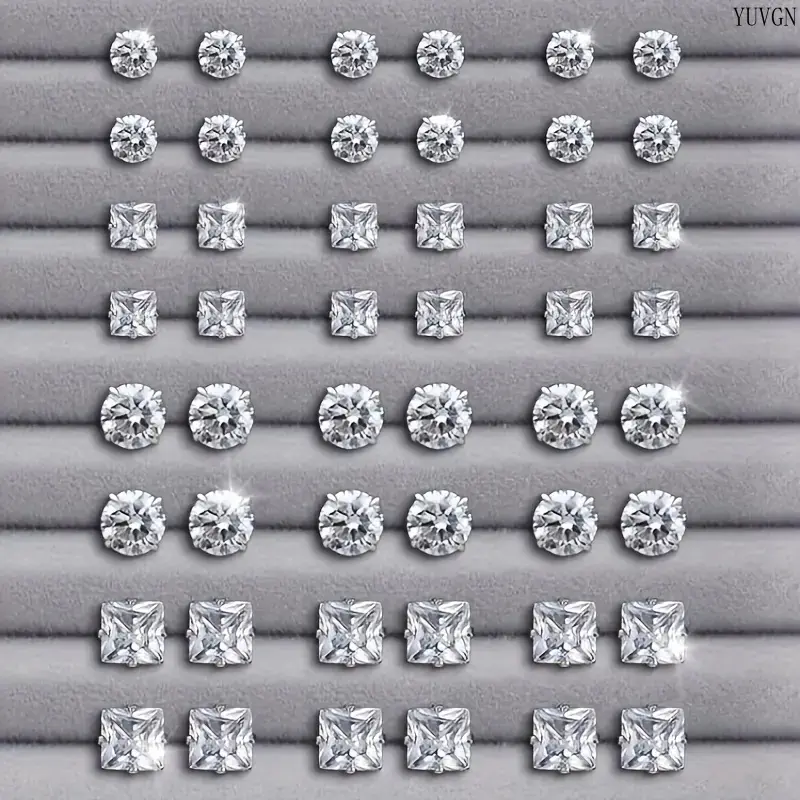 24-Pair Shining Stud Earrings Stack - Round, Square Shaped Rhinestone-Inlaid Fashion Jewelry for Party, Daily Wear (Indoor Recreation Accessory) summerwins, Shining Earrings, Rhinestone Earrings