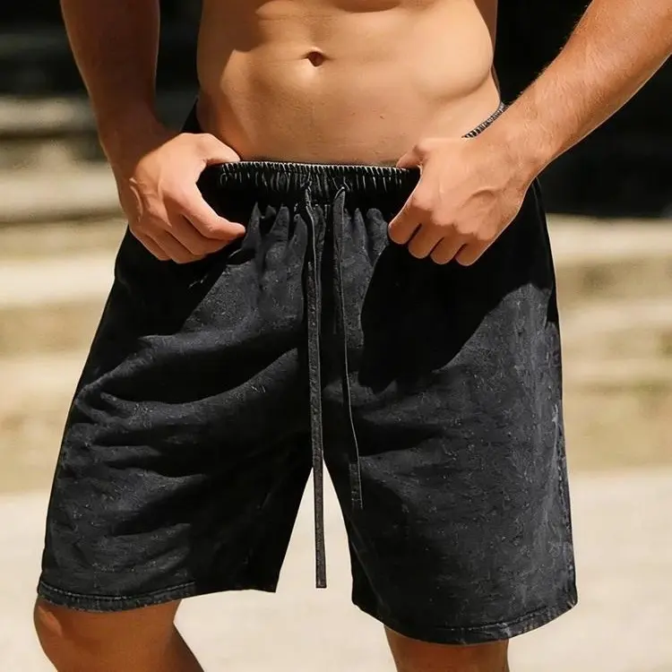 Men's Vintage Washed Wide-Leg Pure Cotton Shorts - Chic Menswear, Elastic Drawstring, Loose Knee-Length, Casual Sports Beach Bottoms