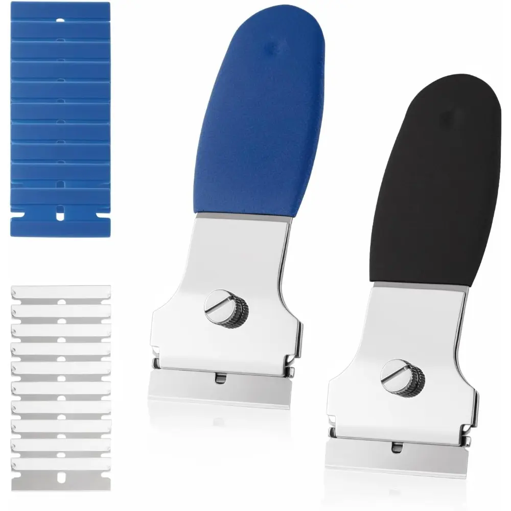 Multi-Purpose Razor Blade Scraper 2-Pack (Compact Size, Portable) with 20 Blades (10 Metal, 10 Plastic) for Kitchen Cleanup, Surface Detritus Removal (Home Care Squeegee Tool)