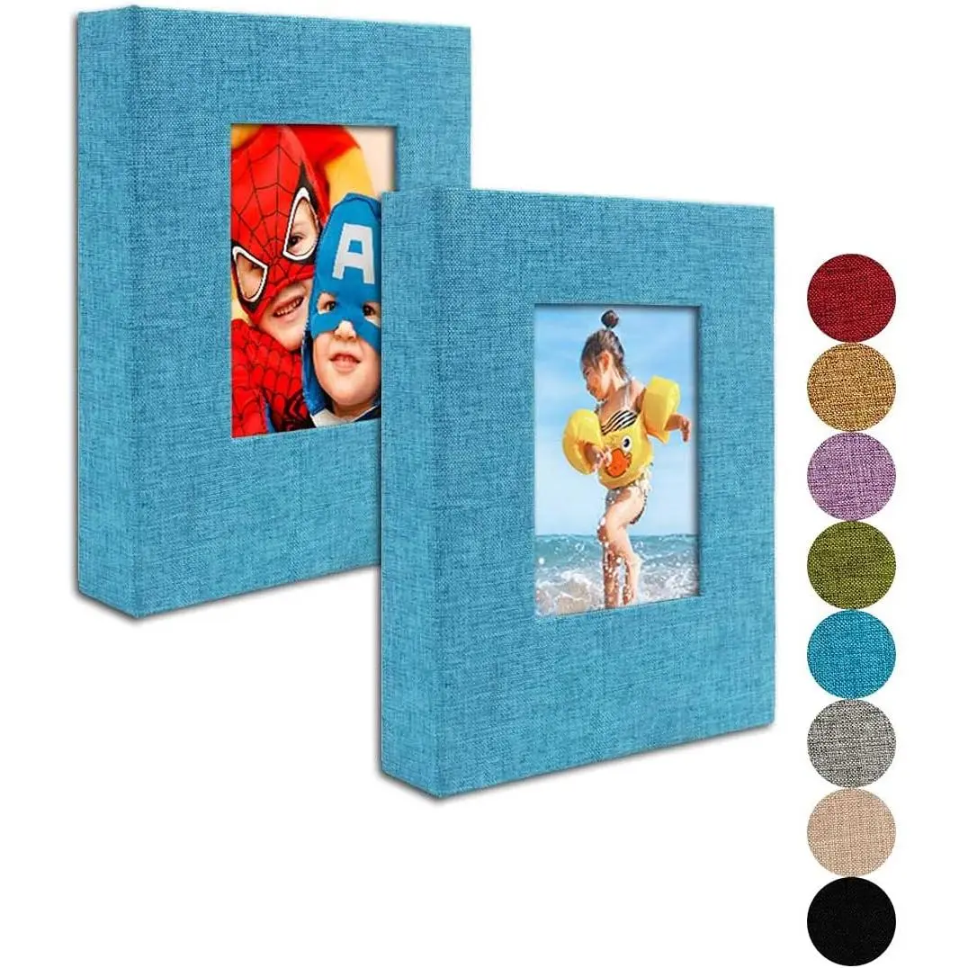 Small Photo Album 4x6 - Clear Pages, Linen Cover with Front Window, Pack of 2, Each Album Holds 52 Photos, Small Brag Book for 4x6 Photos, Blue Fabric