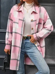 A long-sleeved pink checkered pocket button lapel shirt jacket for women, casual and versatile.