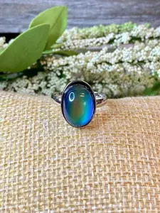Adjustable Oval Mood Ring with Color Changing Center, Silver Plated Metal, 1/2" X 5/8" Center, Adjustable Ring Size, Blue, Orange, Purple & Green trendy ring