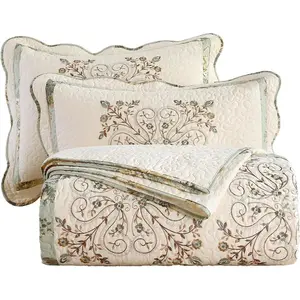 3 count Farmhouse Patchwork Quilt Set  , Elegant Floral Embroidered  Quilted Bedspread Coverlet Lightweight Reversible Bedding Cover with 2 Pillow Sham (98x106 in)