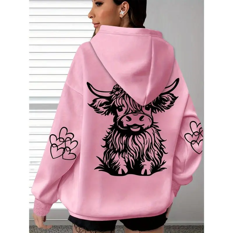 (New) Women's Oversized Long-Sleeves Polyester Pullover Hoodie - Soft, Highland Cow Print, Paw Heart Design, Brown Knit Fabric, Drawstring Hood, Machine Washable Casual Sports & Outdoor Wear